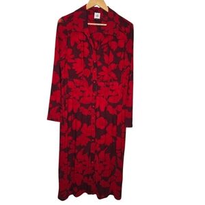 Cabi Womens Red Floral Print Button Down Mesh Jersey Shirt Dress Medium 4392